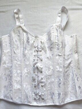 Shirley Of Hollywood Cotton Bustier White Floral Satin Lace-Up Corset Top